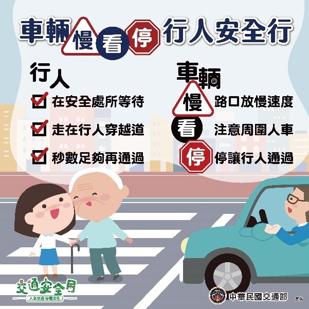車輛遵守停讓，行人走斑馬線